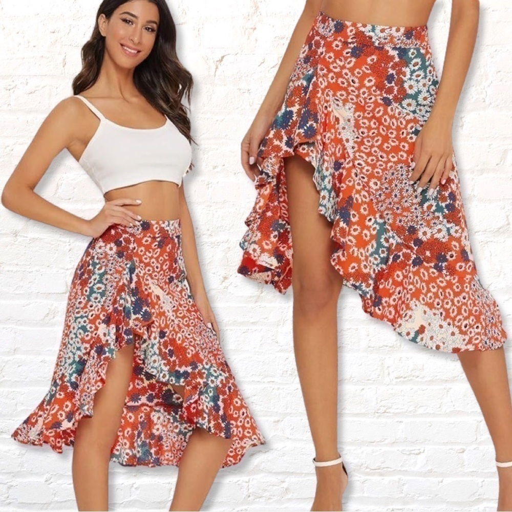 Verdusa Women's Floral Ruffle Trim High Split Printed Skirt Size Small Red